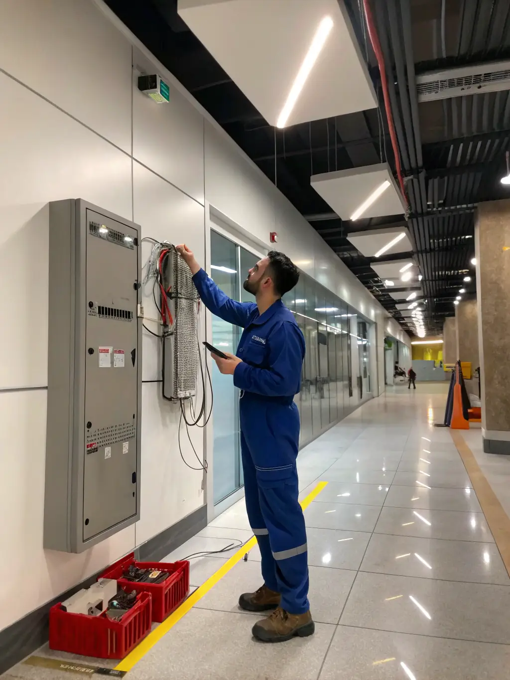 A professional electrician is conducting a Title 24 lighting inspection in a modern office building, using a light meter to measure illumination levels.