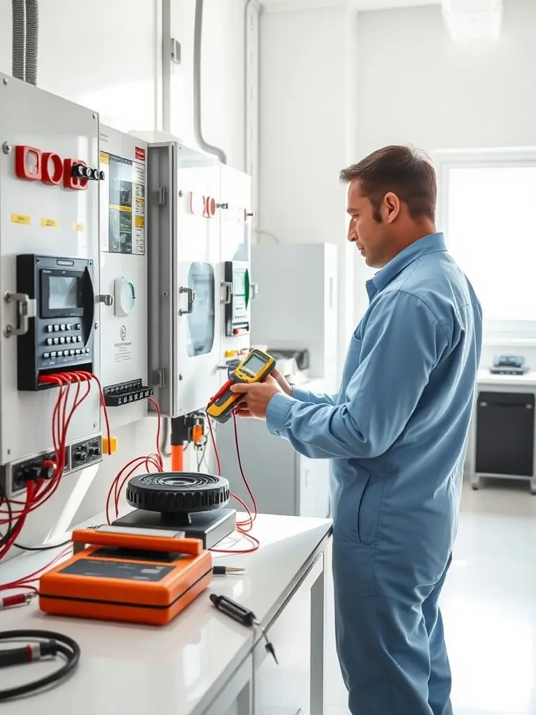 A technician performing Title 24 acceptance testing on a building's electrical system.