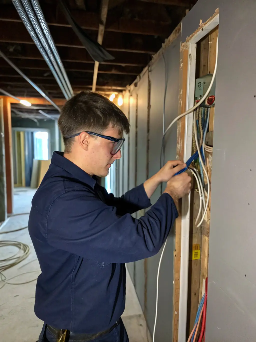An electrician is inspecting and certifying the proper installation of electrical components in a new construction project to meet Title 24 standards.